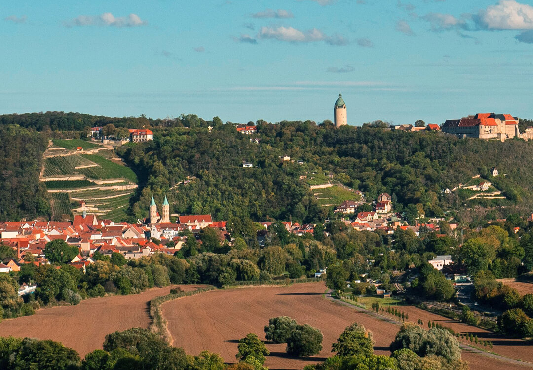 Blick von Zscheiplitz auf Weinberghotel Edelacker, Schloss Neuenburg und den Bergfried „Dicker Wilhelm“